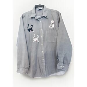 Las Olas Button Up Black white Checkered Cat Lady blouse Kitty Size L Vintage